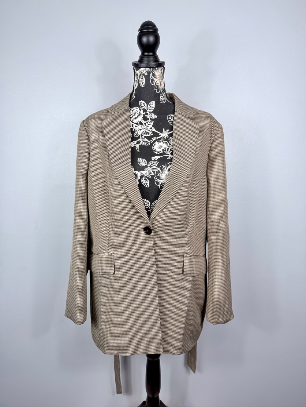 Jasambac brown plaid self tie waistband single button oversized blazer size XL